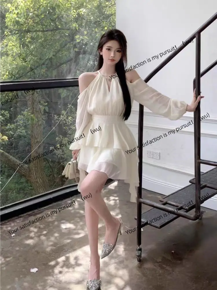 프랑스풍 흰색 긴팔 드레스 요정 여름 요정 허리 쉬폰 짧은 치마 러플 잎사귀 가장자리 케이크 A라인 스커트
