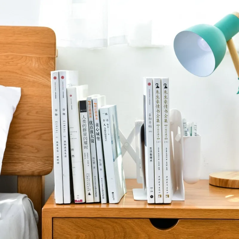 ที่วางหนังสือแบบยืดหดได้พร้อมที่ใส่ปากกา ชั้นวางหนังสือแบบพับได้บนโต๊ะเรียบง่าย ชั้นวางหนังสือแบบยืดแนวตั้ง วางหนังสือแนวตั้ง