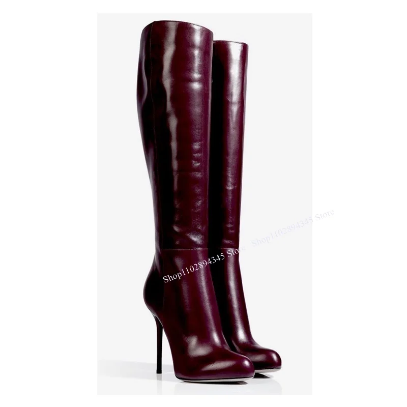 Stivali in pelle con cerniera alta al ginocchio rosso tacco alto sottile punta tonda moda Sexy inverno Casual scarpe da donna di grandi dimensioni