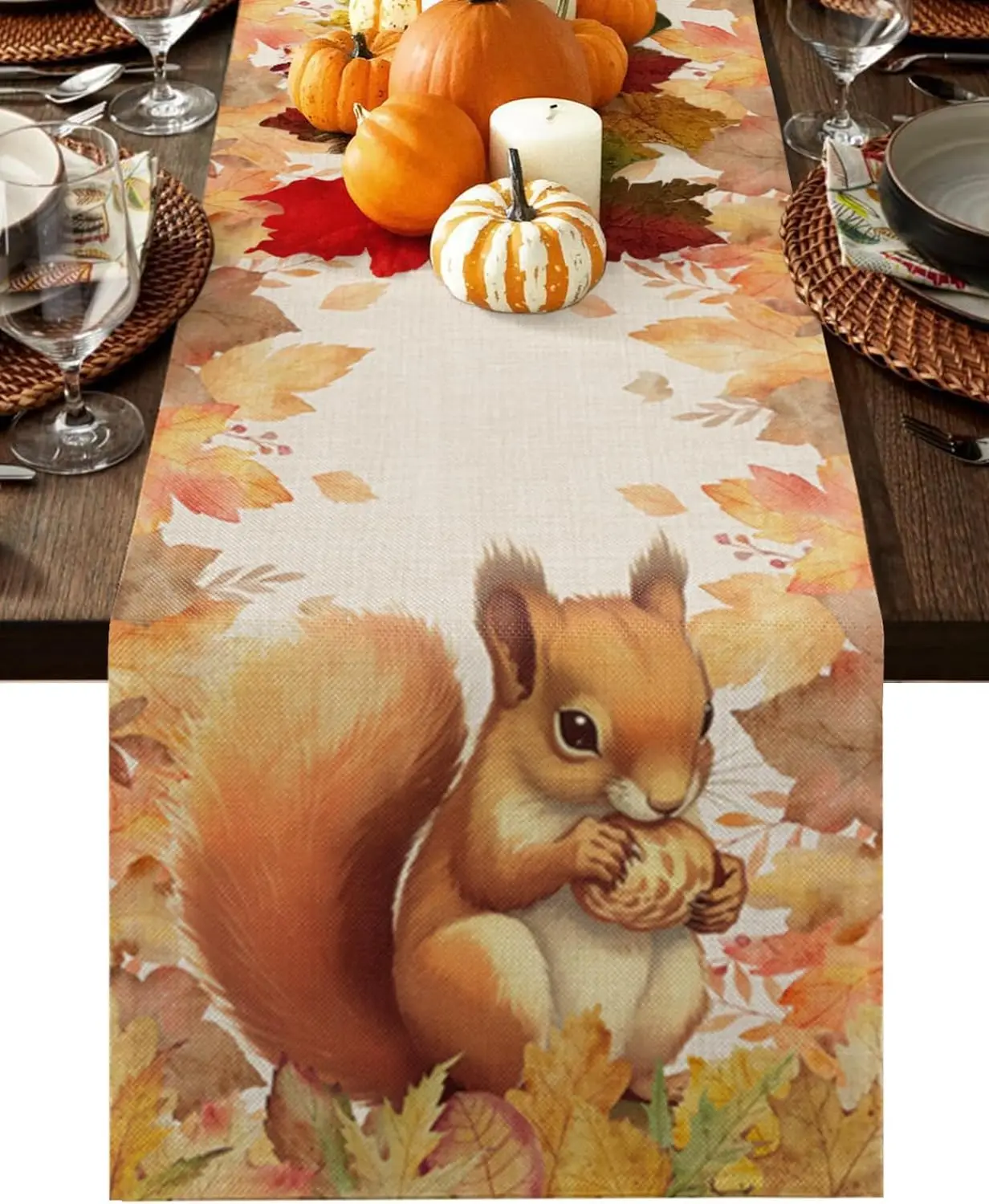 Thanksgiving Squirrel Maple Leaf Fall Linen Table Runner Seasonal Dresser Scarf Table Decor Farmhouse Wedding Dining Party Decor