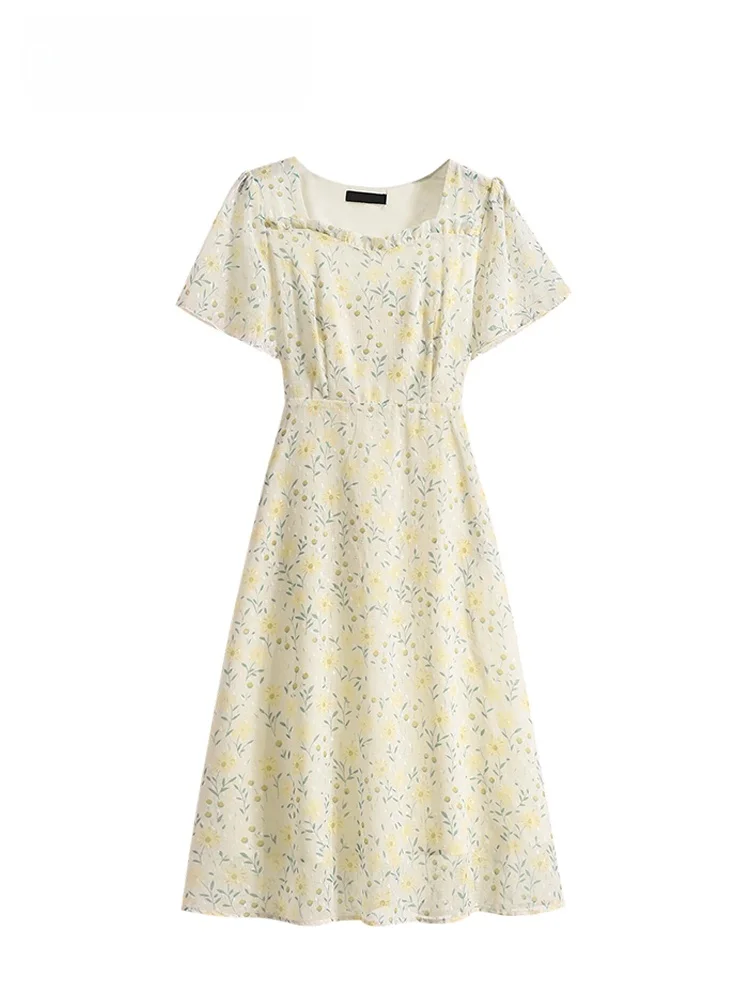 

Cara CLUB Large Size Square Collar ort Sve Dr Floral Print Casual Women's Dr Summer Season High Waist A-Line Skirt