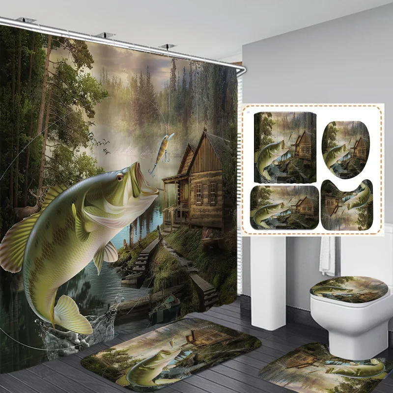 Forest Lake Fish Scene Bathroom Set with Water-resistant Polyester Bath Curtain, Anti-slip Mat, Toilet Lid Cover, U-shaped Rug,