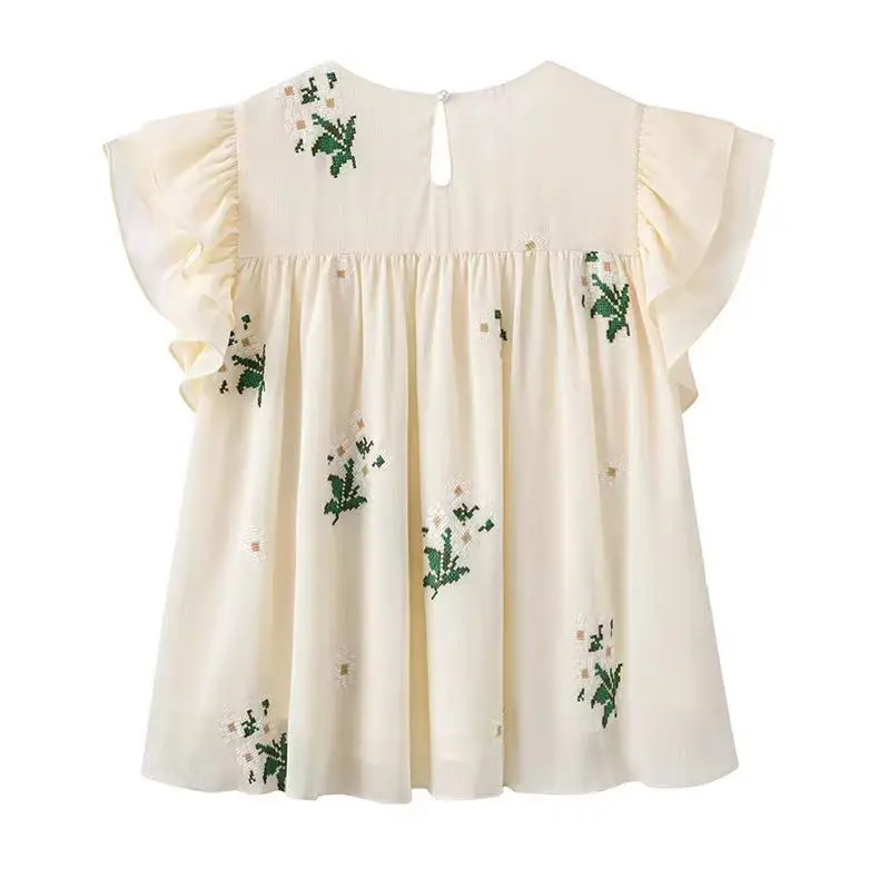 

French Sle Embroidered ort Sve Loose Fro irt Wide Ne Flng Sve Chiffon Top Fre Color Summer New Women's irt