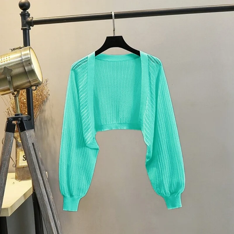 Long Sleeve Hollow Out Knitted Open Stitch Women Clothing Thin Short Loose Shirt Sun Protection Cover Up Solid Casual Summer New