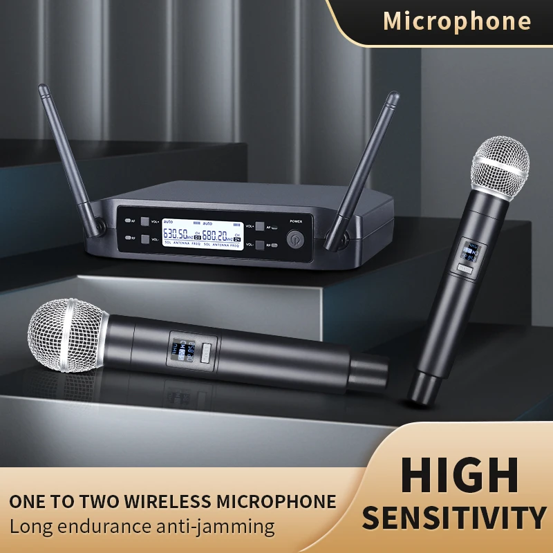 Sem fio Handheld Dual Canais Microfone, UHF, Frequência Fixa, Mic Dinâmico para Karaoke, Wedding Party Band, Church Show