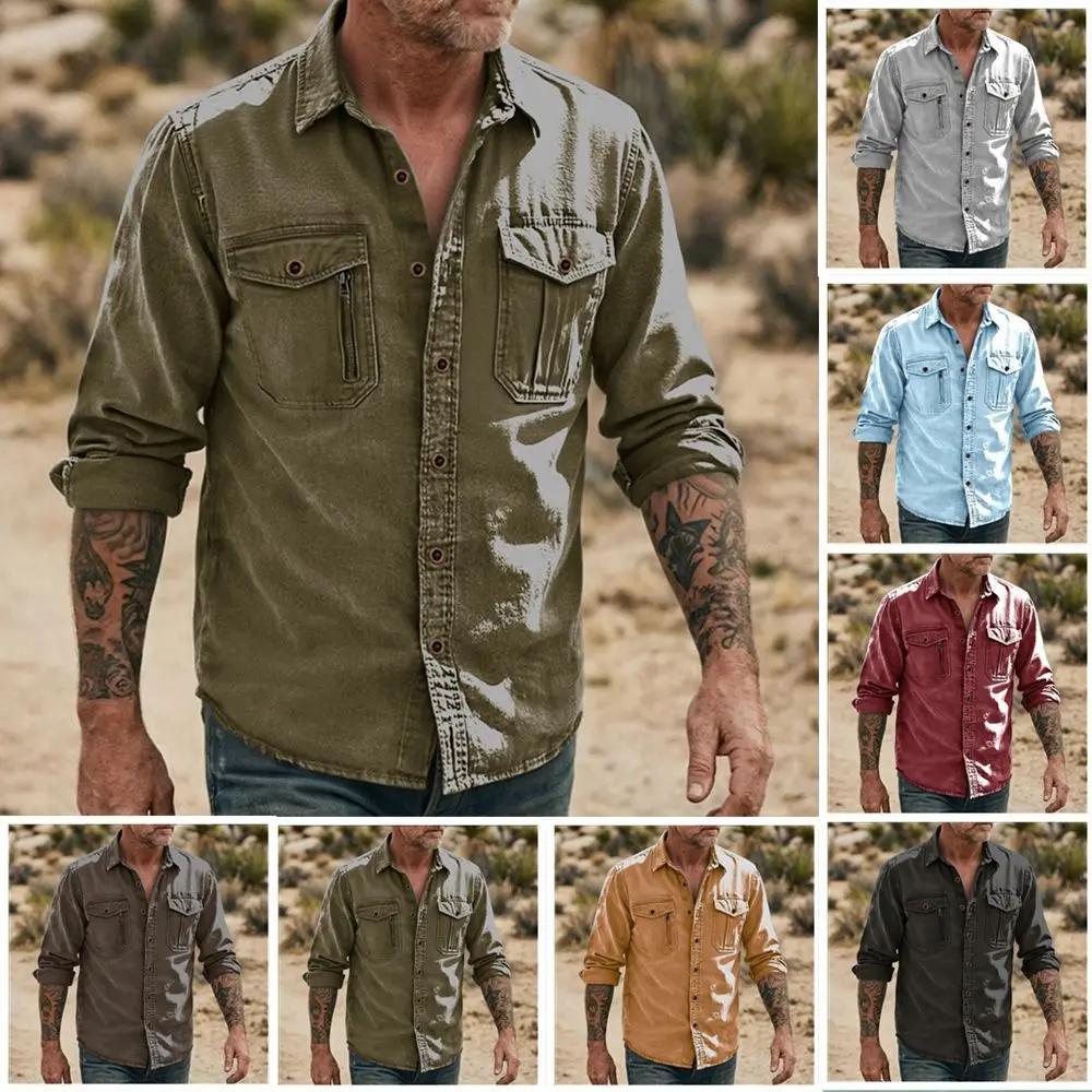 New 2026 Men's Casual Denim Shirts Long Sleeve Button Vintage Blue Washed Cowboy Shirts Slim Fit Outdoor Workwear Tops for Men
