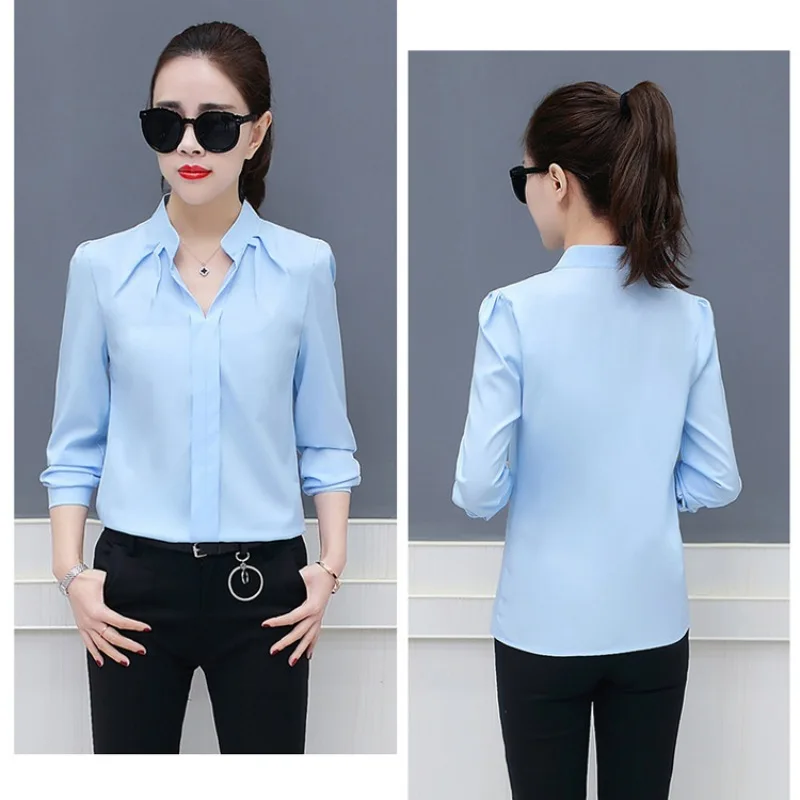 Spring And Summer Classic Long Sleeved Chiffon Stylish Blouses Fashion Work Loose Tops V Neck Slim Fit Formal Casual Shirts