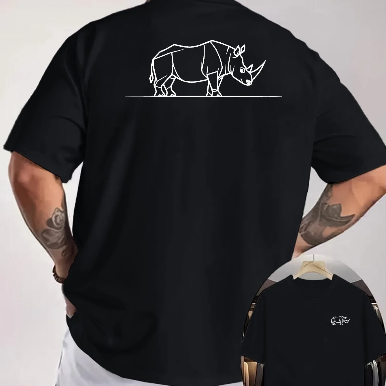 Rhino Line Graphic Print Men's Cotton T-Shirt Minimalist Short Sleeve Casual Tee