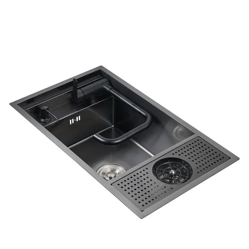 55x32cm 304 Stainless Steel Nano Kitchen Sink, Concealed Folding Faucet with Cup Washer, Coffee Shop Bar, Small Single Slot