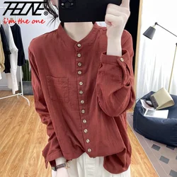 Summer Women's Clothing Shirts Blouse Blusa Mujer Camisas Cotton Linen Vintage Casual Solid Long Sleeve Stand Collar Button