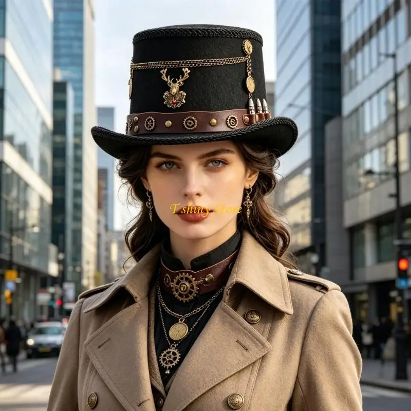 N58F Gothic Wing Top Hat with Goggles for Adult Unisex Masquerade Party and Cosplay Event Gathering Dressingup Headwear