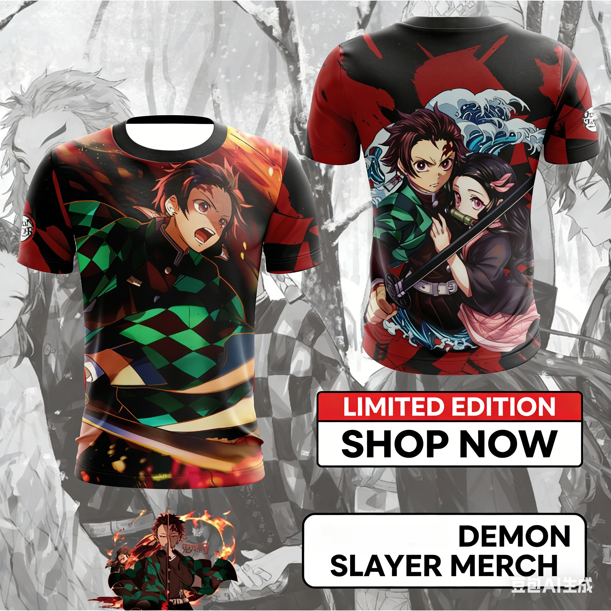 Anime Slayer Dämonentöter Tanjiro Nezuko 3D-Druck Kurzarm-T-Shirt Herrenmode Kimetsu No Yaiba Streetwear für Anime-Liebhaber