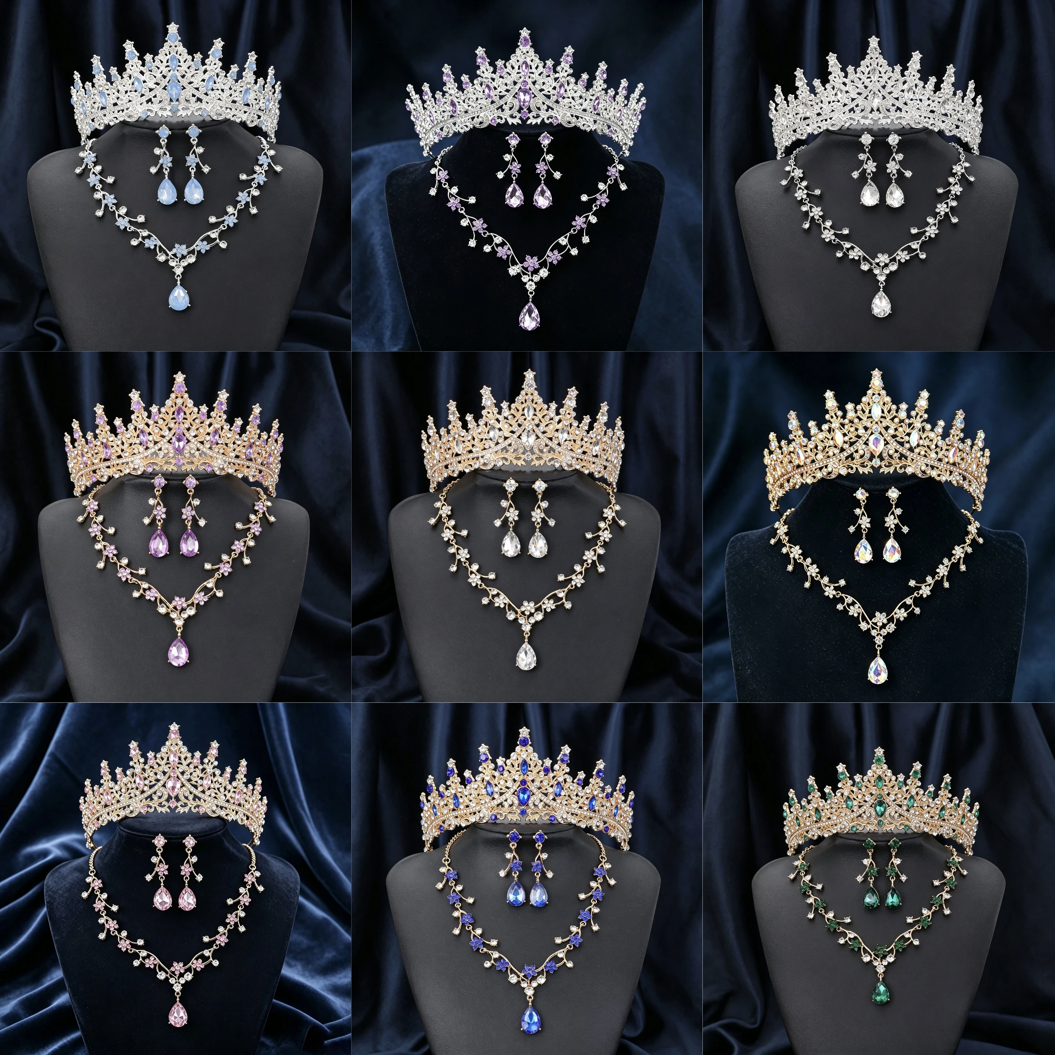 Crown, necklace, and earrings; luxurious rhinestone wedding headpiece; suitable for proms, parties, and bridal sets.