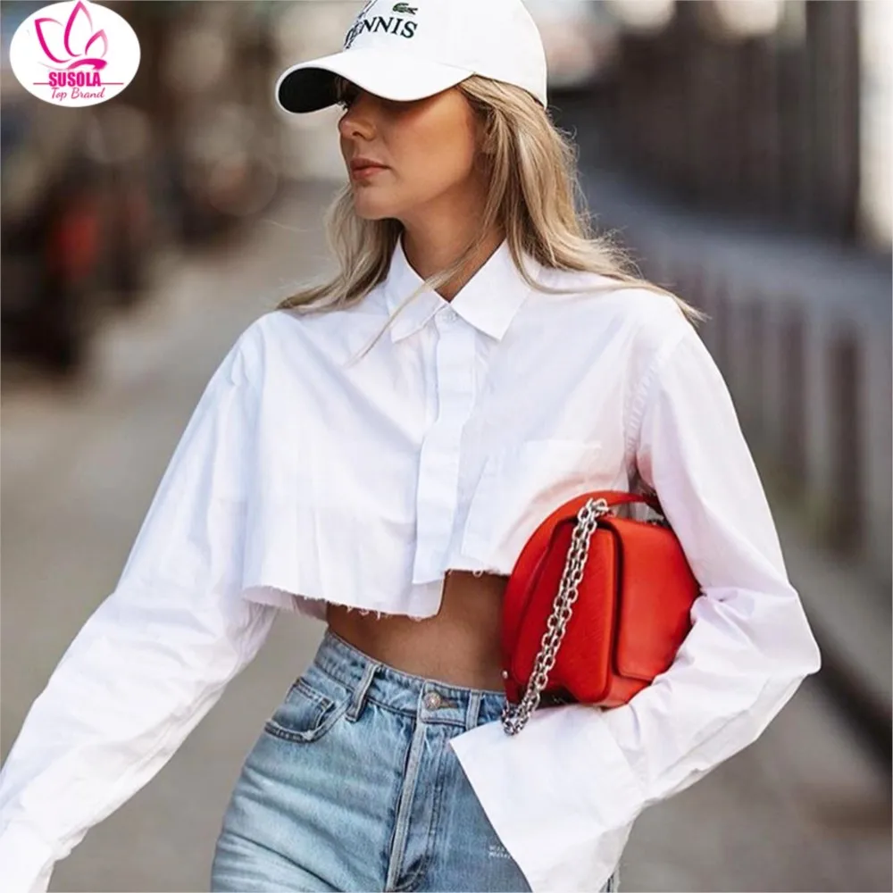 SUSOLA Casual Crop Top Women Blouses Trend Turn Down Collar White Shirt Flare Sleeve Blouse Female Autumn Sexy Tops Woman Lady