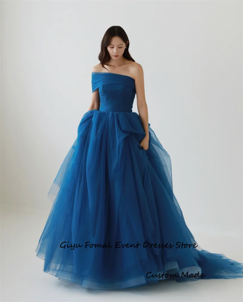 Giyu-Robe de Mariée Élégante en Tulle Bleu, Tenue de Soirée Formelle avec Traîne pour Séance Photo en Corée