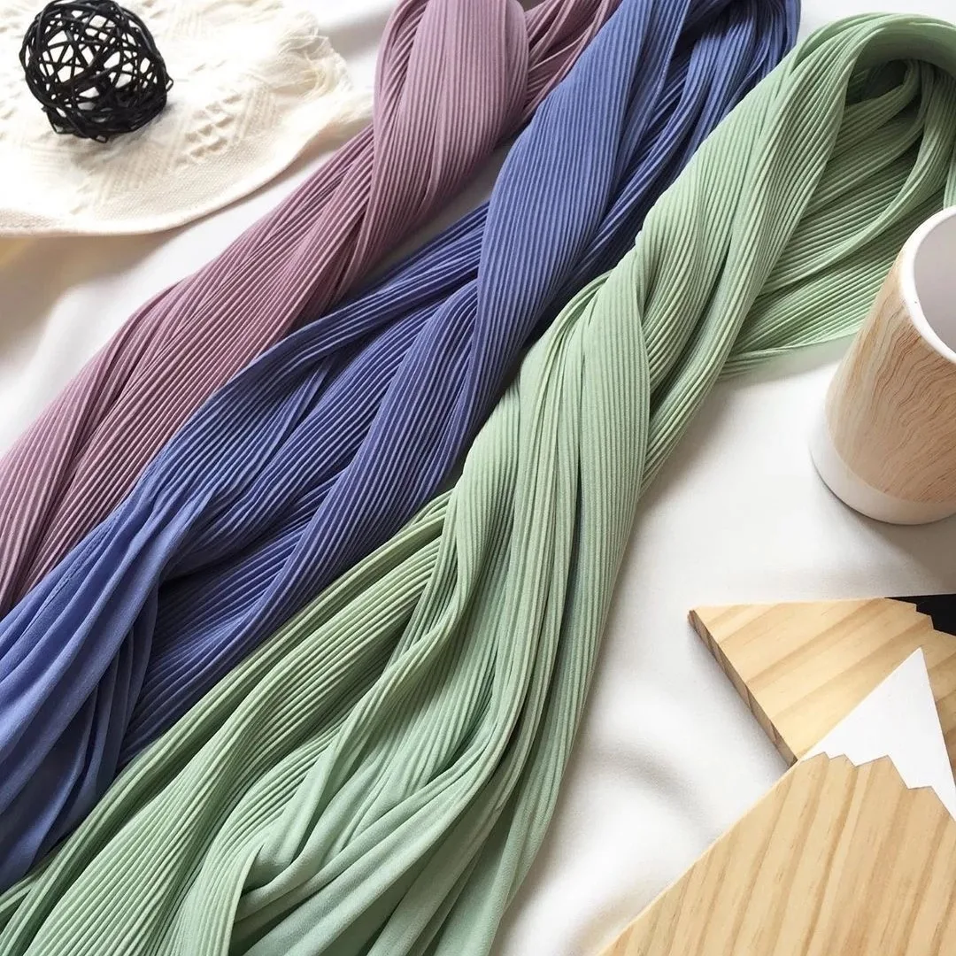 Big Size Pearl Chiffon Scarf Solid Color Pleated Stripe Headwear Scarves Women Muslim Hijab Head Wrap Plain Travel Shawls