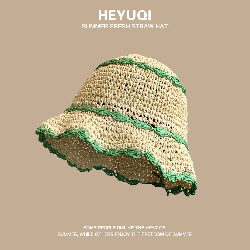 Custom French Lace Raffia Straw Hat Women Summer Beach New Large Brim Sunshade Vacation Hat Hollow Beach Hat