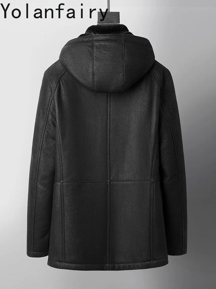 YOLANFAIRY 100% Real Fur Coats for Man High Quality Hooded Winter Genuine Sheep Shearling Jacket Warm Natural Fur Coat abrigos