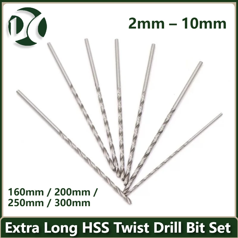2-10mm Extra Long HSS Twist Drill Bit Set 160/200/250/300mm for Wood Steel Metal Alloy Deep Hole Drilling Kit