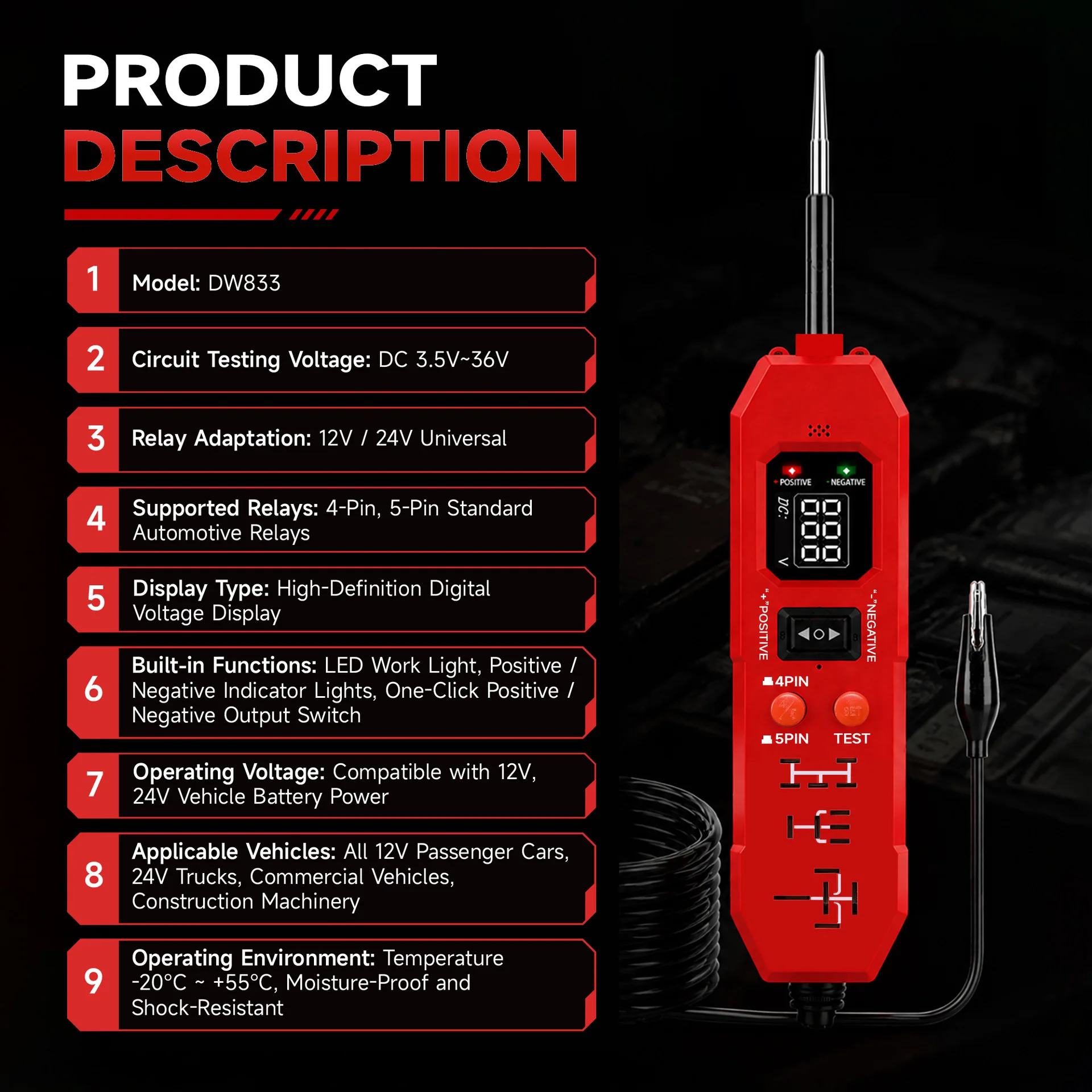 DW833 2 IN 1 Auto Circuit Tester Car Relay Tester Voltage Display LED Light Universal 12V /24V Automotive Electronic Relay Test - view 6