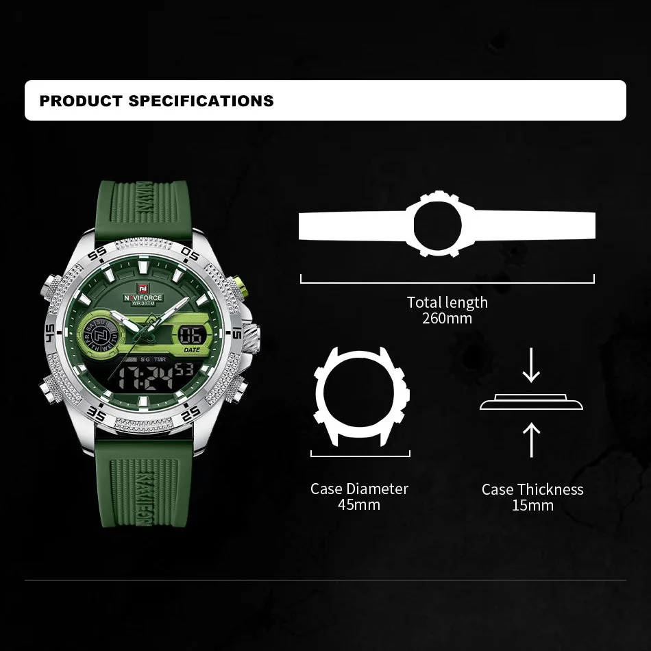 NAVIFORCE Men Military Watch Silicone Strap Waterproof Wristwatch Casual Sport Chronograph Alarm Digital Clock Relogio Masculino