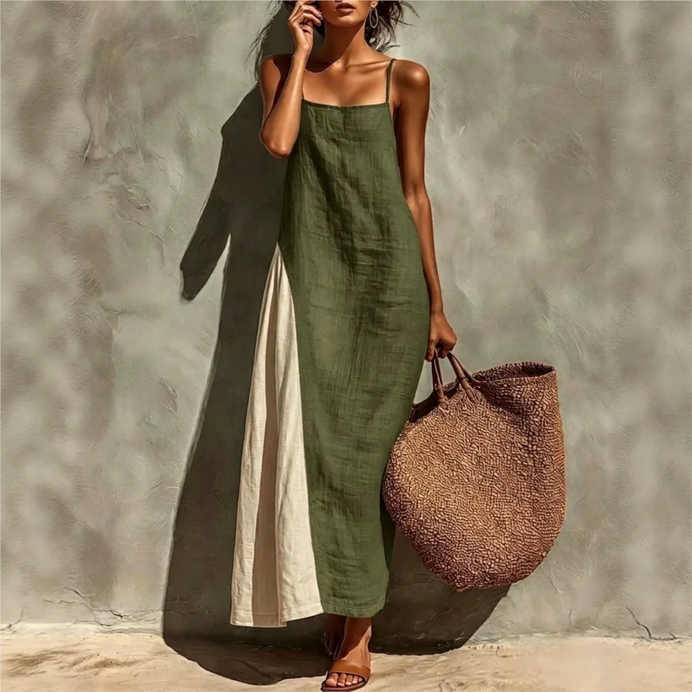 Women Color Block Linen Cami Maxi Dress Summer Casual Sleeveless Spaghetti Strap Loose Length Sundress Elegant Long Dress