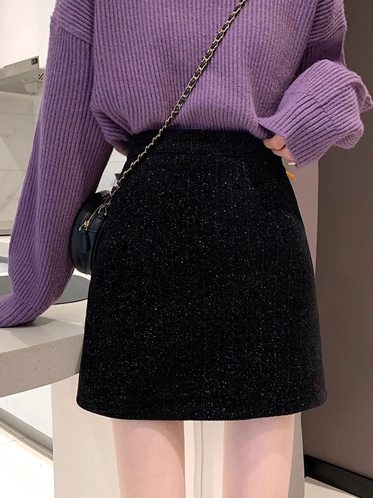 

Черная шерстяная юбка женская с высокой талией, зимняя, А-силуэт, короткая, с эффектом похудения, для офиса, приталенная, элегантная