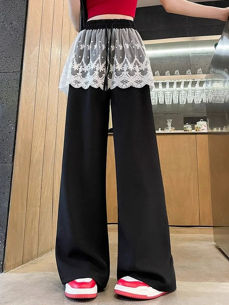 Zoete Kant Patchwork Broek Vrouwen Hoge Taille Leuke Casual Losse Broek Koreaanse Mode Zomer Elegante Chique Wijde Pijpen Broek Nieuw