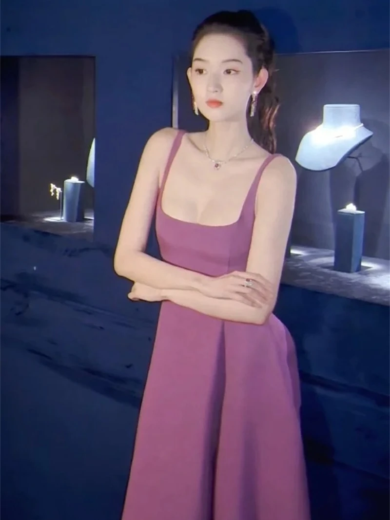 엘리 퍼플 슬링 드레스, 고급스러운 느낌의 여성용 드레스, 2024년 여름 신상품, D - 플라이 하이웨이스트 A라인 드레스...