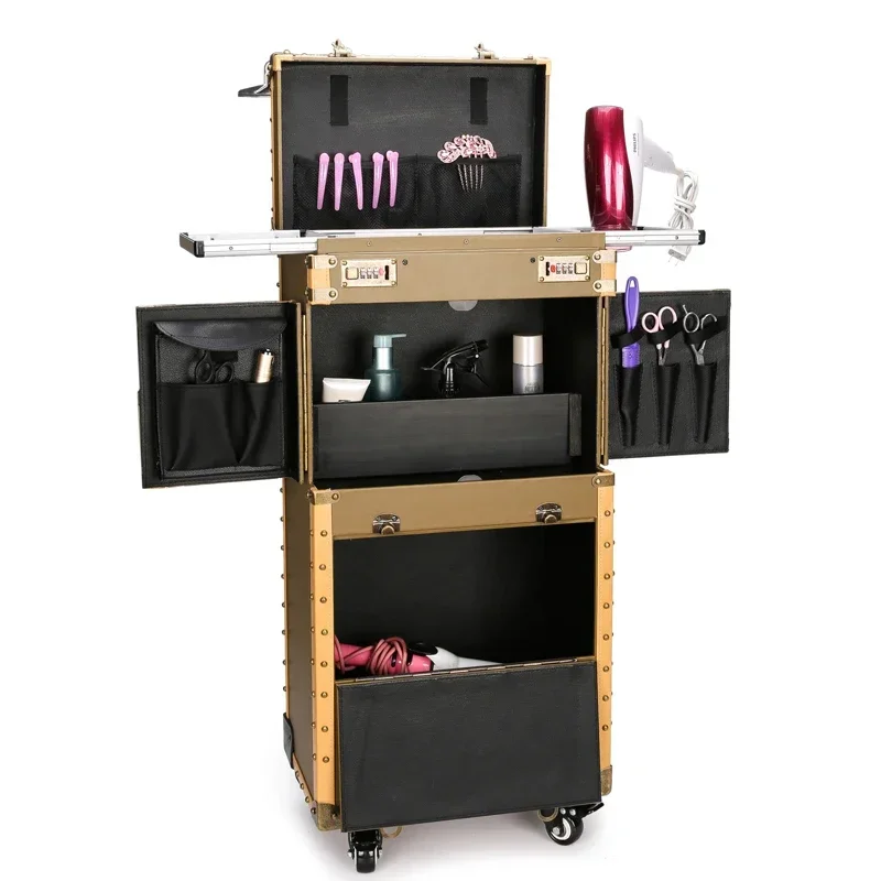 Hairdressing trolley luggage cosmetic toolbox trolley case retro hair stylist dedicated large capacity scissors bag rolling box