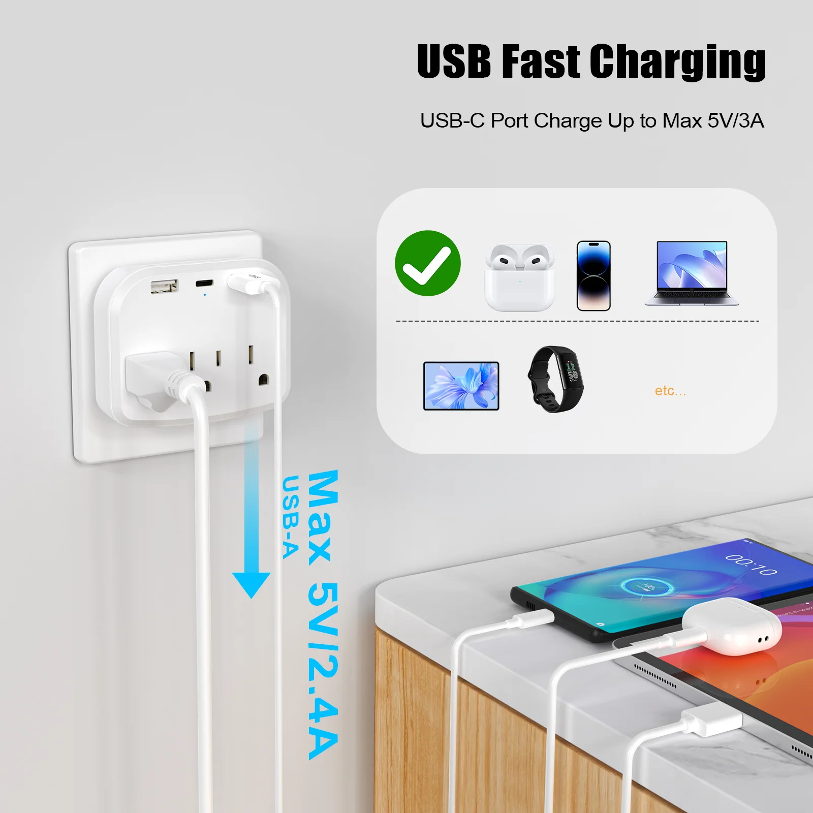 US Portable Power Socket Multiple Plug USB Socket Multifunctional Wall Outlet Extender with Type-C Fast Charging for Home