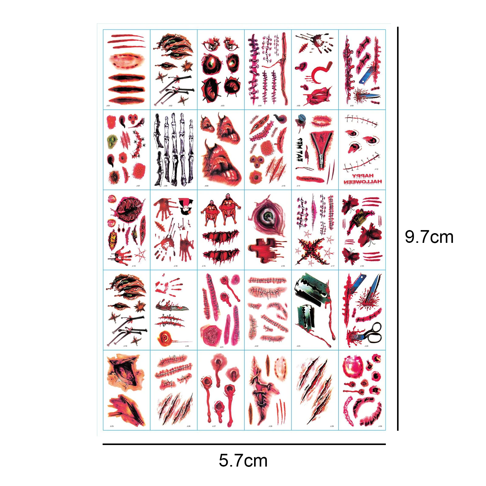 30 ورقة من ملصقات وشم الجرح الدموي للهالوين، ملصق غير منتظم لمحاكاة طويلة الأمد لملحقات مكياج الهالوين #5