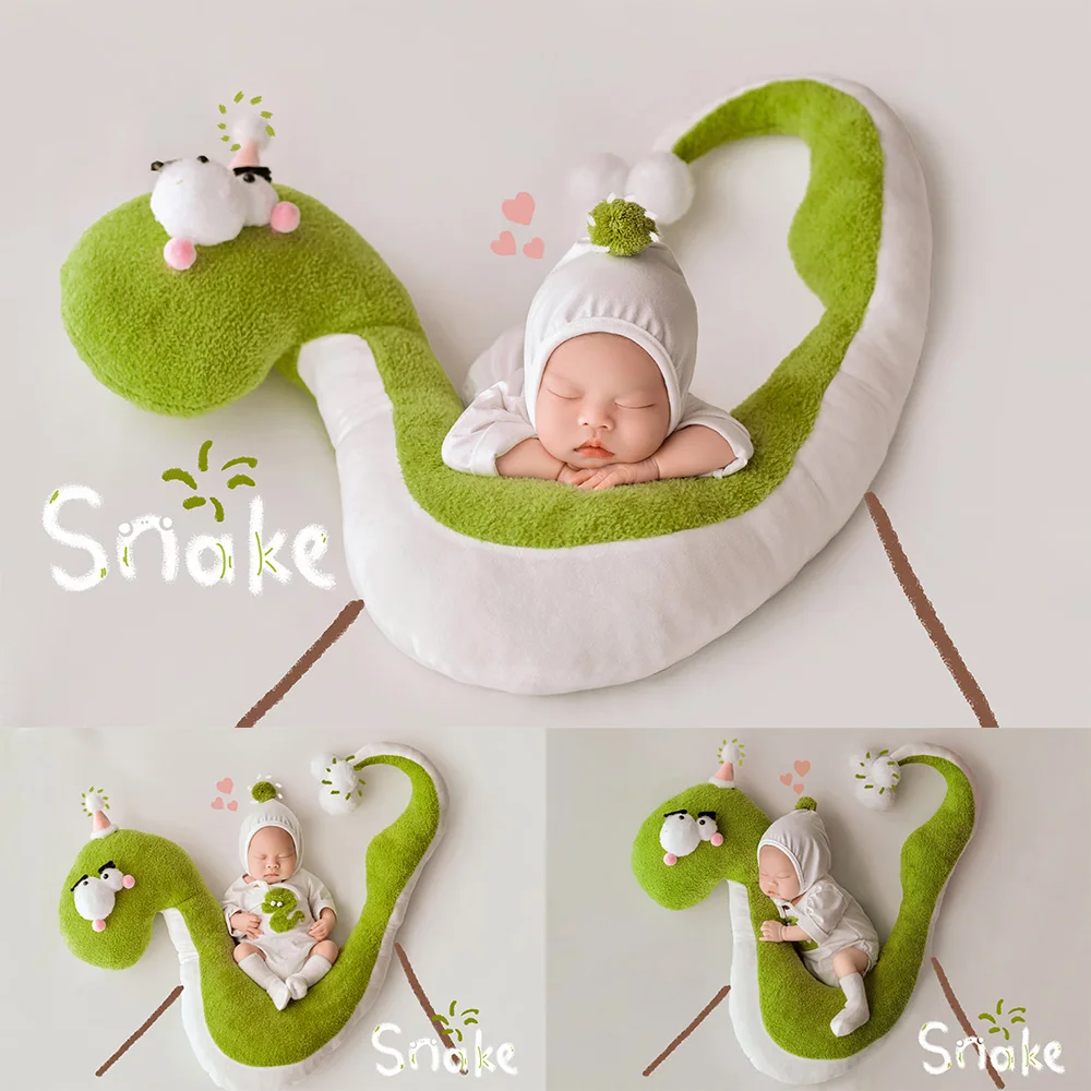 

0-1 Month Baby Photography Costume Bodysuit Hat Sock Set Soft Knitted Cartoon Snake Shape Doll Posing Prop Studio Shooting Props