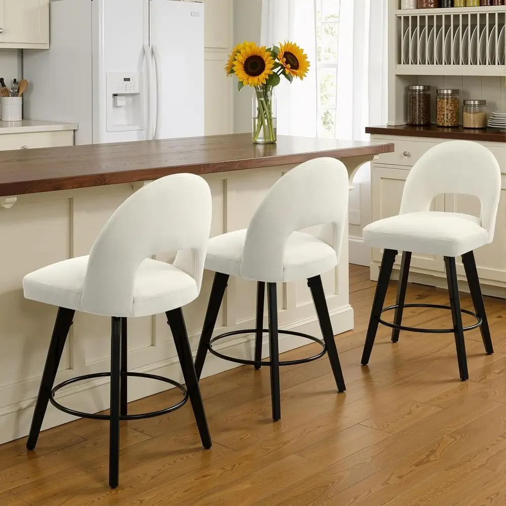 

Набор из 3-х табуретов для барной стойки, 26 дюймов, с обивкой из льняной ткани, со спинками и ножками из массива каучукового дерева, кремово-белый цвет.