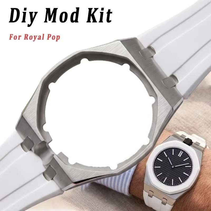 Kit de modificação de luxo para transformar um relógio de bolso em um relógio de pulso, com caixa de relógio em aço inoxidável e bracelete de silicone, para o modelo Royal Pop.