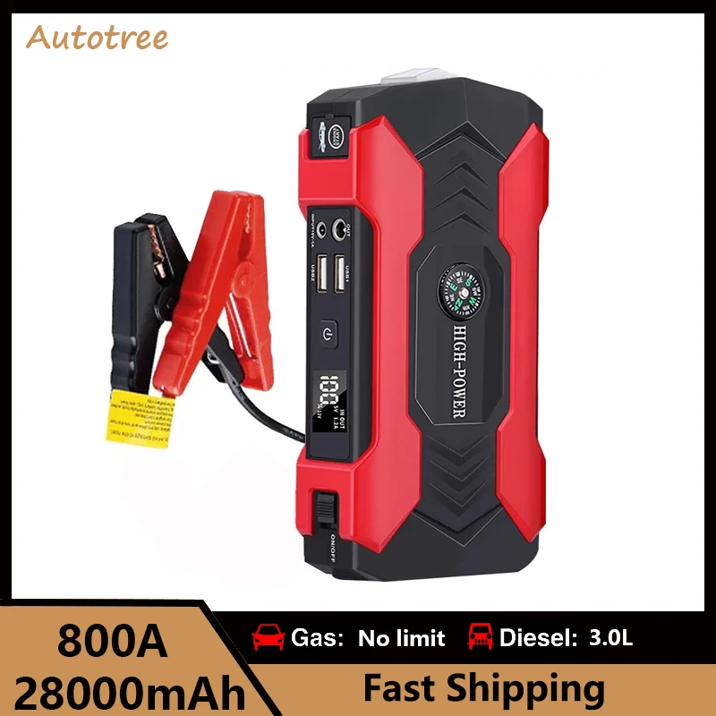 Autotree 28000mAh Car Battery Jump Starter 800A Power Bank Portable USB Fast Charger with LED Lamp 12V Emergency Booster