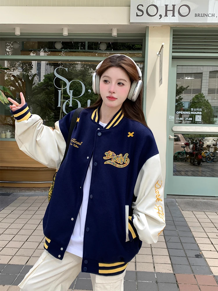 

Baseball Jackets Woman Royal Blue Womens Autumn Fishbone Decorated Ginger Tear-Resistant Crop Pockets Button-Down Stretchy Retro