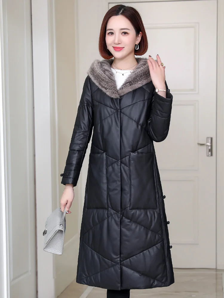 

2024 New Haining genuine leather down jacket for women's winter mink fur coat, sheep leather coat, medium length