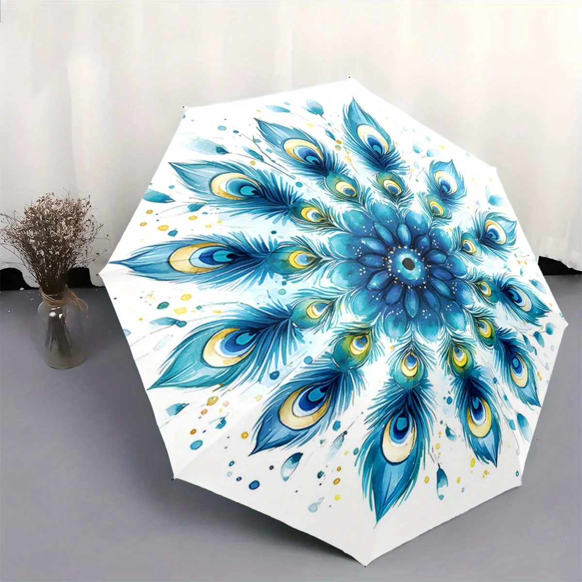

Automatic Open/Close Umbrella with One-Touch Button - Elegant Peacock Feather Design, Compact Travel Umbrella with 8-Rib Stron