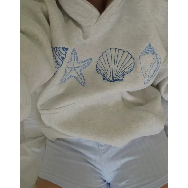 Y2K Loose Hooded Sweatshirt Grey Lopard Print Five-Pointed Stars Basic Simple Pullover Tops 2025 Autumn Winter Girls' Outfits