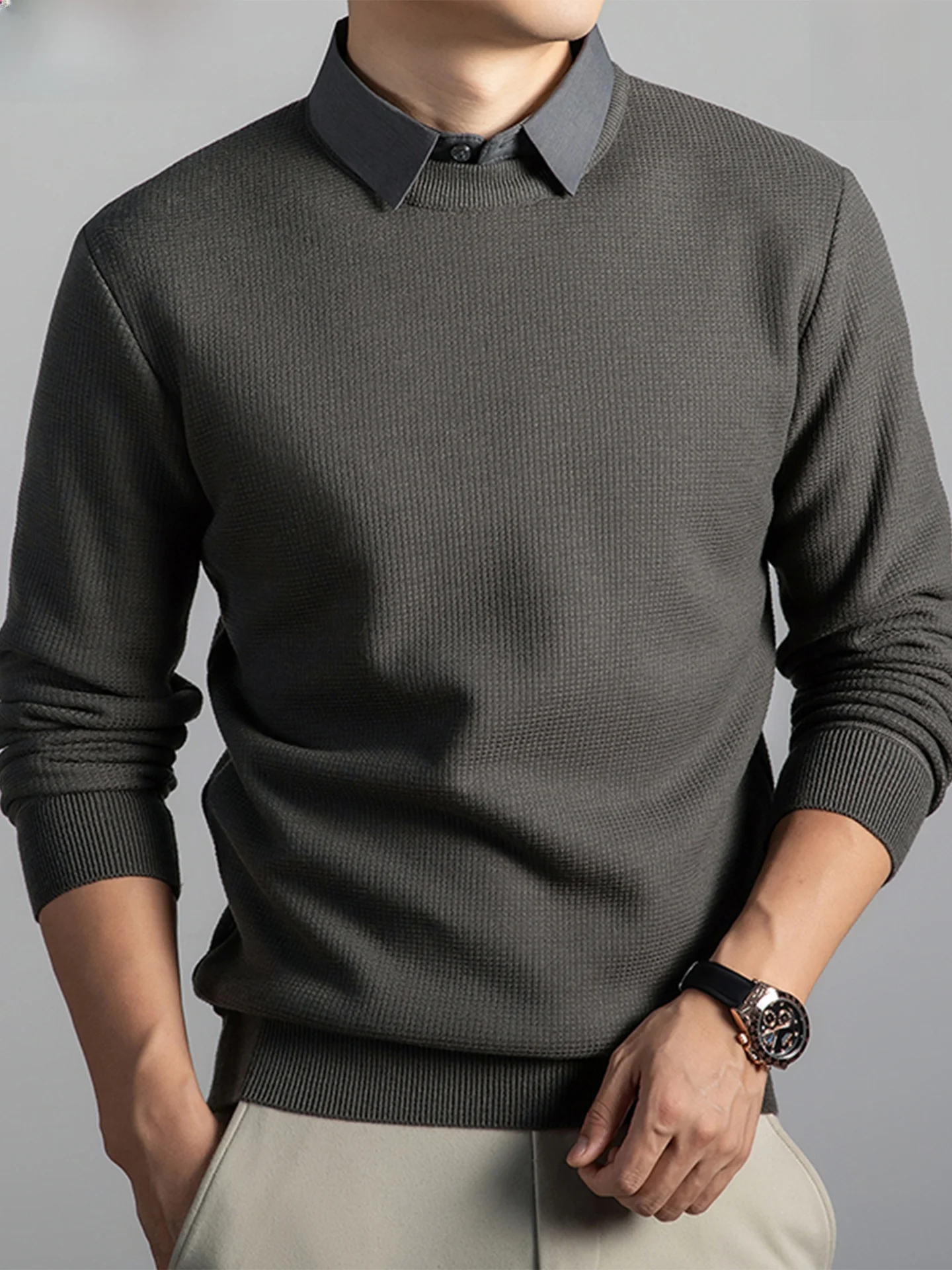 

Warm Long Sve Knitted Sweater Fake Two-Piece Casual Busin Men's Faion Autumn Winter Dad Clothes Soft Polyester Fiber