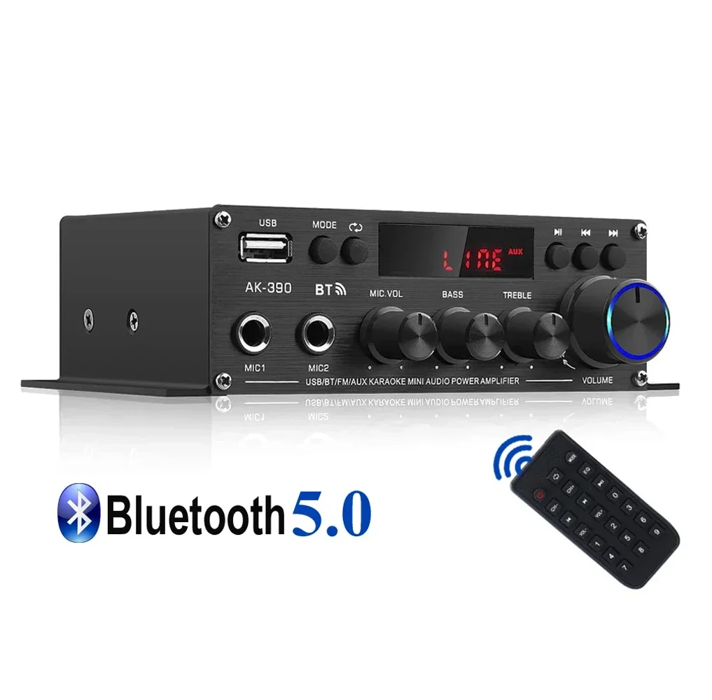 AK390 BT 5.0 HiFi Power Amplifier 400Wx2 Stereo Digital AMP BASS Media Player Supports FM Radio AUX Microphone Input