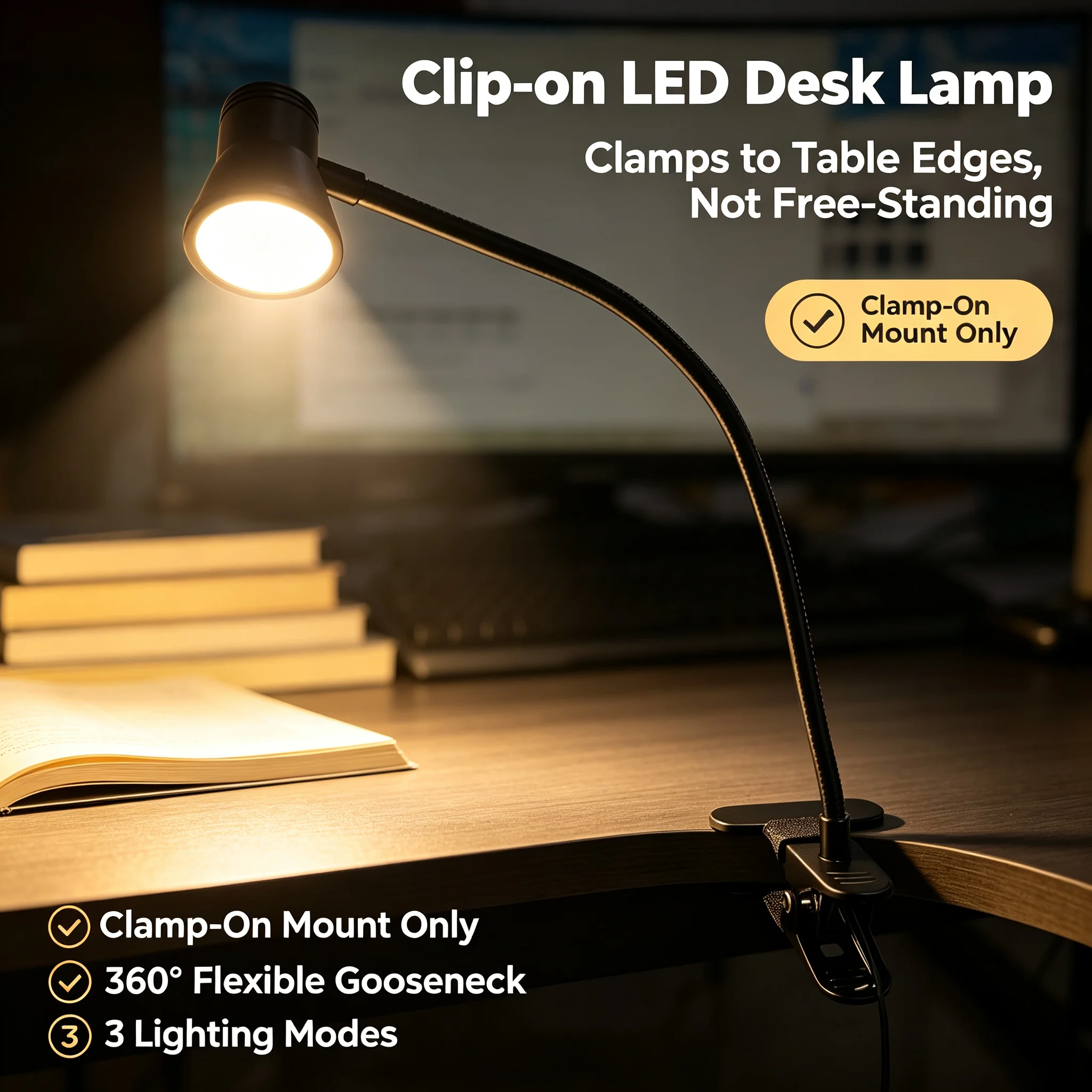 Clip‑On Desk Lamp Flexible Gooseneck Clamp Light USB Powered Eye‑Care Reading Lamp for Table Edge Bedside Shelf Work Study Night
