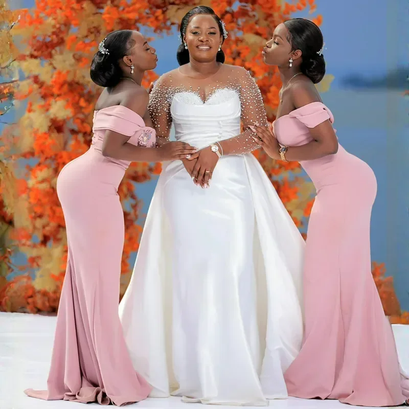 

Customize African Shinny Beads Wedding Dress Vestido De Noiva Sereia Illusion Long Sleeve Satin Detachable Train Bridal Gown