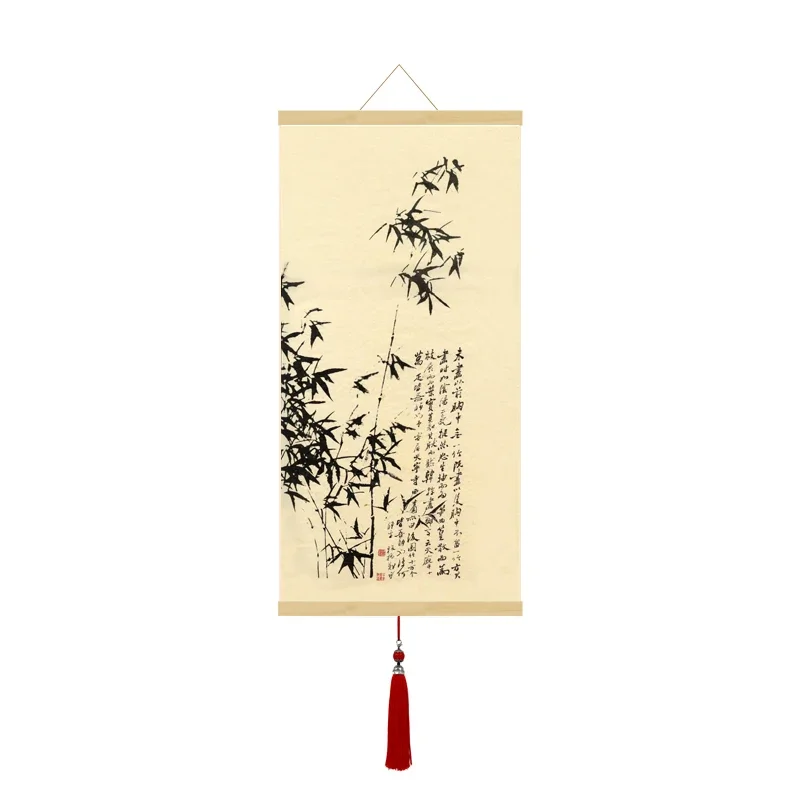 Ink and Wash Landscape Bamboo Calligraphy and Painting Feng Shui Silk Gift Tea House Living Room Chinese Style Hanging Painting