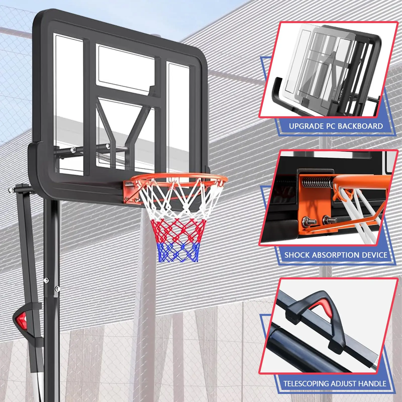 Portable Basketball Hoop,5.5-10FT Height Adjustable Outdoor Basketball Hoop Goal with 44 Inch Impact Backboard and Portable Whee