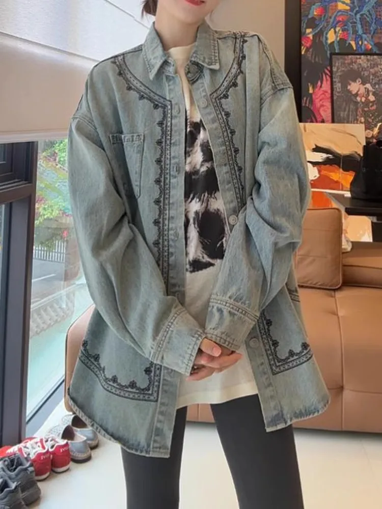 

Retro Floral Print Long Sve Collar Denim Jaet Women's Loose Fit Mid-Length Spring Faion Outerwear Casual irt