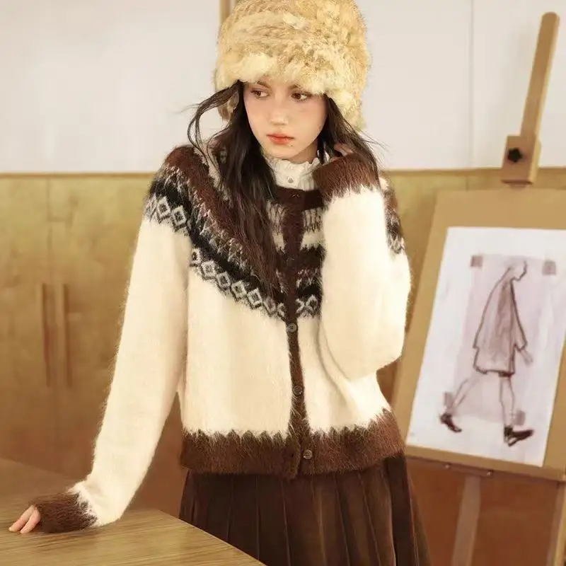 Button Up Fair Isle Pullover Strickjacke Weiche Strickpullover Jacke Geometrischer Druck Gemütliche Strickwaren Teen-Mädchen Herbst Winter Vintage Outfit