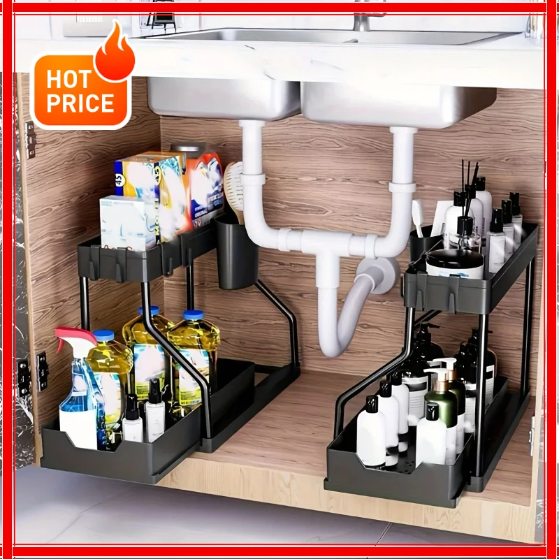 2-stöckiger Unterschrank-Organizer Ausziehbarer Schrank-Organizer Aufbewahrungsregal mit Haken Hängende Tassenhalterung Badezimmer Küchen-Organizer