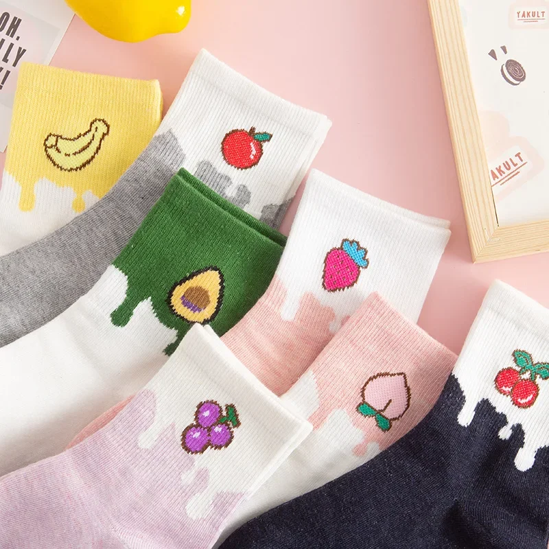 Japanese New Product Cartoon Colored Fruit Women's Mid Length Cotton Socks Sweet and Casual Women's Korean Socks